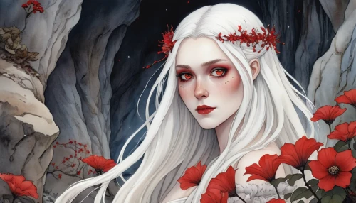 white rose snow queen,elven flower,coral bells,the snow queen,fantasy portrait,winter rose,rusalka,black rose hip,lilly of the valley,fallen petals,vampire lady,amaryllis,porcelain rose,queen of hearts,rose white and red,bleeding heart,lily of the field,elven,vampire woman,eglantine,Illustration,Abstract Fantasy,Abstract Fantasy 11