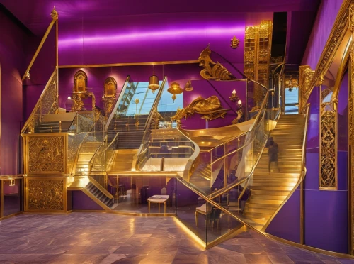gold and purple,winding staircase,art nouveau design,purple and gold foil,art nouveau,purple and gold,gold castle,dragon palace hotel,gold bar shop,lobby,casa fuster hotel,art deco,nightclub,circular staircase,staircase,spiral staircase,penthouse apartment,outside staircase,luxury hotel,gold wall,Photography,General,Realistic