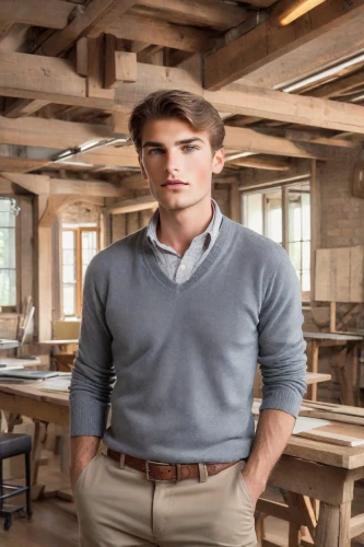 woodworker,a carpenter,sweater vest,carpenter,white-collar worker,wood background,wooden background,male model,wooden beams,carpenter jeans,craftsman,wood wool,woodworking,blue-collar worker,tradesman,lumberjack pattern,softwood,moulder,wooden planks,wooden frame construction,Photography,Realistic