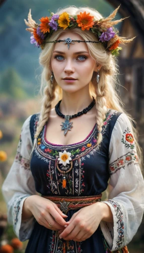 bavarian swabia,germanic tribes,russian folk style,celtic queen,bavarian,folklore,bornholmer margeriten,beautiful girl with flowers,carpathians,folk costume,jessamine,country dress,fairy tale character,fantasy picture,elven flower,bohemia,girl in flowers,eufiliya,fantasy portrait,folk costumes,Unique,3D,Panoramic