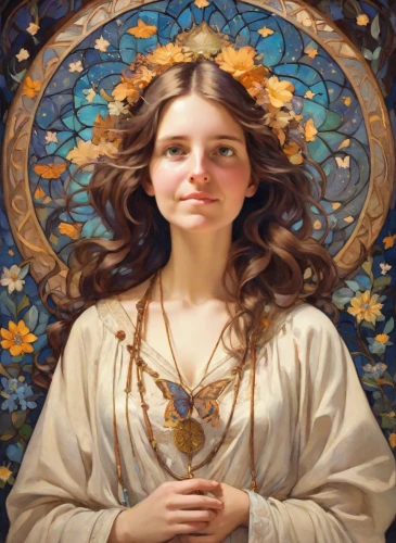 art nouveau,mucha,mary-gold,baroque angel,cepora judith,the magdalene,priestess,mystical portrait of a girl,fantasy portrait,joan of arc,the prophet mary,golden wreath,girl in a wreath,portrait of christi,angel,art nouveau design,art nouveau frame,yogananda,portrait of a girl,artemisia,Digital Art,Impressionism