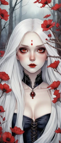 white rose snow queen,black rose hip,vampire lady,vampire woman,yulan magnolia,bleeding heart,blood maple,the snow queen,queen of hearts,winter rose,fire red eyes,red riding hood,fallen petals,dark elf,rosehip,sorceress,seven sorrows,fantasy portrait,huntress,red petals,Illustration,Abstract Fantasy,Abstract Fantasy 11