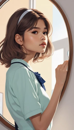 girl with speech bubble,porthole,makeup mirror,digital painting,girl studying,mirror,in the mirror,girl portrait,study,girl drawing,studio ghibli,mirror frame,outside mirror,painting work,the mirror,worried girl,circle shape frame,oval frame,side mirror,doll looking in mirror,Photography,General,Realistic