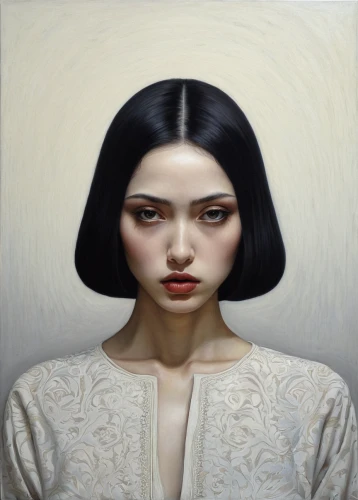 han thom,mystical portrait of a girl,white lady,asian woman,gothic portrait,junshan yinzhen,janome chow,portrait of a girl,shirakami-sanchi,girl with bread-and-butter,oil painting on canvas,young woman,woman thinking,oil on canvas,selanee henderon,girl in a long,oil painting,woman portrait,woman face,girl with cloth,Illustration,Realistic Fantasy,Realistic Fantasy 07