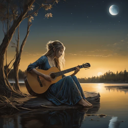 classical guitar,woman playing,fantasy picture,serenade,celtic harp,guitar,folk music,celtic woman,the night of kupala,dulcimer,music fantasy,jessamine,cavaquinho,art bard,the blonde in the river,girl on the river,buskin,playing the guitar,musician,music,Photography,General,Natural