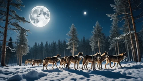 wolves,mushing,finnish lapland,sleigh ride,werewolves,moon and star background,lapland,fantasy picture,howling wolf,moonlit night,sled dog,canis lupus,santa claus with reindeer,winter animals,constellation wolf,dog sled,forest animals,reindeer from santa claus,north pole,winter deer,Photography,General,Realistic