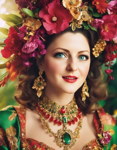 beautiful girl with flowers,russian folk style,princess anna,girl in a wreath,ukrainian,the carnival of venice,miss circassian,traditional costume,floral wreath,girl in flowers,celtic queen,fairy queen,celtic woman,faery,flower fairy,wreath of flowers,beautiful bonnet,faerie,vintage flowers,vintage woman