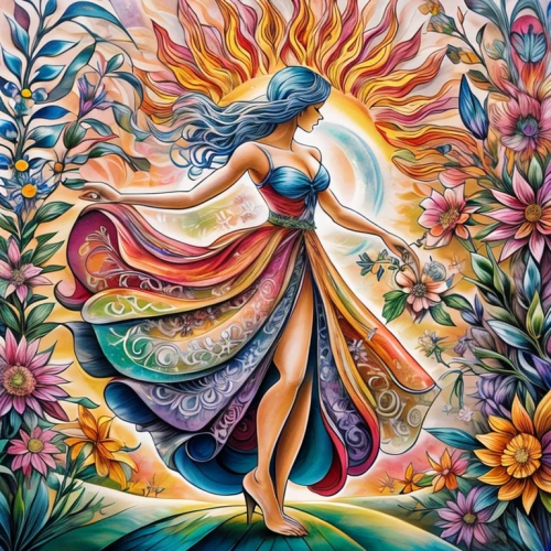 boho art,radha,girl in flowers,flora,psychedelic art,pachamama,flower painting,floral rangoli,dancer,bodypainting,virgo,passion bloom,oil painting on canvas,splendor of flowers,abundance,girl in the garden,flower art,flamenco,dance with canvases,fabric painting