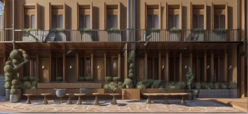 garden design sydney,landscape design sydney,wooden facade,eco hotel,landscape designers sydney,3d rendering,archidaily,eco-construction,outdoor dining,timber house,casa fuster hotel,outdoor table and chairs,wooden construction,urban design,boutique hotel,block balcony,facade panels,render,balcony garden,patterned wood decoration