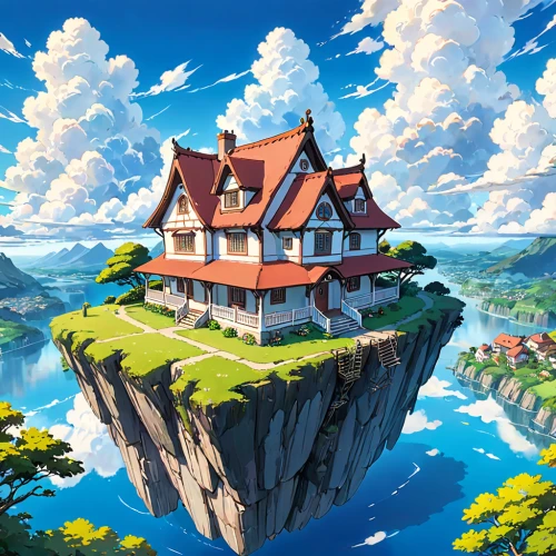 studio ghibli,house in mountains,house in the mountains,meteora,lonely house,little house,home landscape,house with lake,house by the water,roof landscape,sky apartment,housetop,flying island,house roofs,cottage,floating island,cube house,high landscape,hilltop,beautiful home,Anime,Anime,Traditional