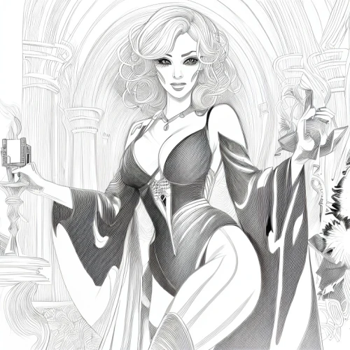 fashion illustration,fashion vector,art deco woman,fantasy woman,sorceress,fashion sketch,celtic queen,the enchantress,the snow queen,costume design,goddess of justice,queen of the night,miss circassian,coloring page,dita,bridal clothing,fashion design,lady of the night,priestess,fairy tale character,Design Sketch,Design Sketch,Character Sketch