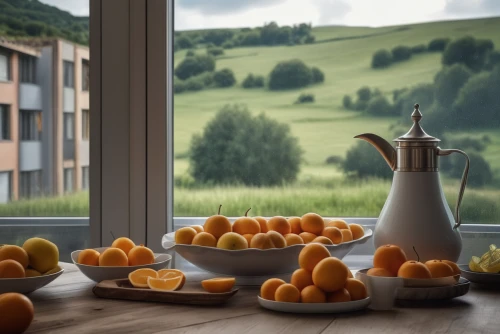 apricots,summer still-life,oranges,orange tree,bowl of fruit in rain,fresh orange juice,digital compositing,citrus juicer,bellini,aperol,food styling,tangerines,kitchenette,apricot,breakfast table,tjena-kitchen,kumquats,still life photography,citrus fruits,oranges half,Photography,General,Realistic