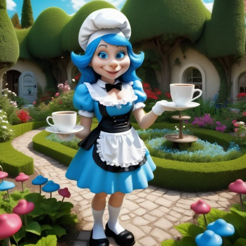 alice in wonderland,alice,wonderland,tea party,doll kitchen,teacup,fairy tale character,smurf figure,teacups,popeye village,tea party collection,scandia gnome,waitress,scandia gnomes,maid,porcelaine,housekeeper,confectioner,pouring tea,rosa 'the fairy