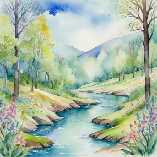 watercolor background,mountain spring,brook landscape,landscape background,river landscape,springtime background,mountain stream,spring background,flowing creek,clear stream,salt meadow landscape,mountain river,meadow in pastel,nature landscape,the brook,meadow landscape,watercolor,water colors,streams,natural landscape,Illustration,Paper based,Paper Based 25