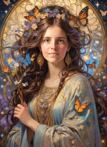 fantasy portrait,mucha,mystical portrait of a girl,baroque angel,art nouveau,vanessa (butterfly),art nouveau frame,golden wreath,cepora judith,girl in a wreath,portrait of a girl,mary-gold,the prophet mary,la violetta,angel,dove of peace,emile vernon,fantasy art,faery,artemisia