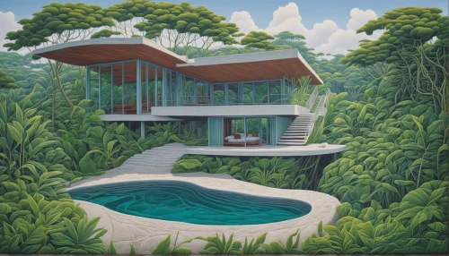tropical house,pool house,mid century house,house in the forest,house with lake,holiday villa,modern house,luxury property,private house,aqua studio,holiday home,dunes house,eco hotel,contemporary,treehouse,home landscape,summer house,mid century modern,residential house,modern architecture,Illustration,Realistic Fantasy,Realistic Fantasy 11