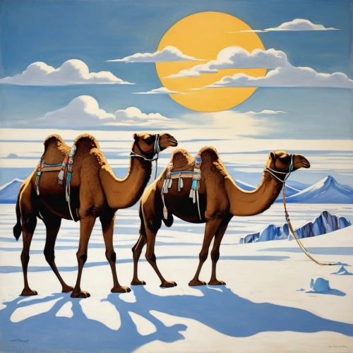 camel caravan,dromedaries,camels,two-humped camel,camel train,camelid,dromedary,bactrian camel,camelride,camel,shadow camel,altiplano,arabian horses,male camel,arabian camel,winter animals,libyan desert,snow scene,nomadic people,khokhloma painting,Illustration,Realistic Fantasy,Realistic Fantasy 21