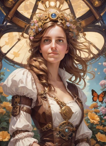 vanessa (butterfly),fantasy portrait,spring crown,flower fairy,golden wreath,gatekeeper (butterfly),fae,monarch,faerie,jessamine,golden crown,faery,mystical portrait of a girl,flora,julia butterfly,celtic queen,girl in a wreath,fairy queen,artemisia,hesperia (butterfly),Photography,Natural