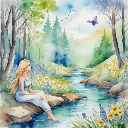 watercolor background,the blonde in the river,watercolor painting,springtime background,water colors,faerie,landscape background,watercolor mermaid,mermaid background,fantasy picture,water color,watercolor,fairy world,watercolors,spring background,watercolor paint,faery,watercolor blue,girl on the river,fairy forest,Illustration,Paper based,Paper Based 25
