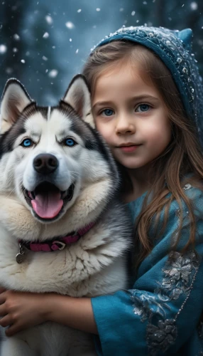 girl with dog,children's background,sled dog,winter animals,huskies,white shepherd,dog sled,winter background,companion dog,christmas snowy background,boy and dog,malamute,snowflake background,children's fairy tale,canidae,white dog,canadian eskimo dog,pet vitamins & supplements,little boy and girl,dog breed,Photography,General,Fantasy