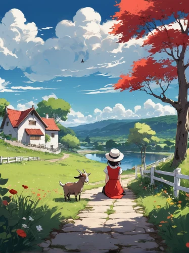 studio ghibli,stroll,summer day,countryside,home landscape,red barn,blooming field,springtime background,seaside country,country side,summer meadow,rural landscape,wander,idyllic,japan landscape,landscape red,red place,dream world,my neighbor totoro,heidi country,Illustration,Japanese style,Japanese Style 06