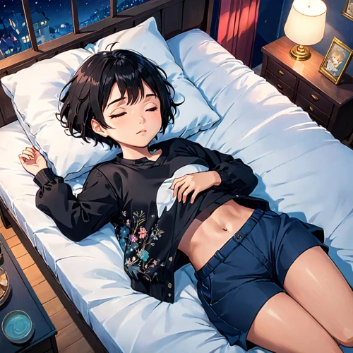 sleeping,sleep,sleeping rose,zzz,bed,napping,asleep,good night,sleeping room,pajamas,nap,to sleep,honmei choco,playmat,lying down,futon,blue pillow,rest,night in day,pjs,Anime,Anime,Traditional