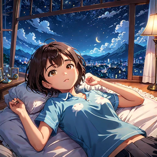 starry sky,clear night,night sky,nightsky,stargazing,the night sky,sleeping,lying down,starry,miku maekawa,sleeping room,blue pillow,night time,dreaming,pajamas,night image,honmei choco,cg artwork,dream world,night scene,Anime,Anime,Traditional