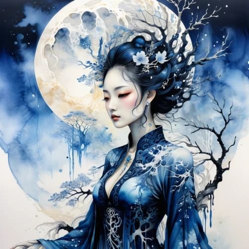 chinese art,blue enchantress,japanese art,oriental painting,geisha,blue moon,oriental princess,blue moon rose,geisha girl,fantasy art,watercolor blue,full moon day,blue birds and blossom,moon phase,moonflower,moonlit night,fantasy portrait,queen of the night,moonlit,the snow queen,Illustration,Japanese style,Japanese Style 18