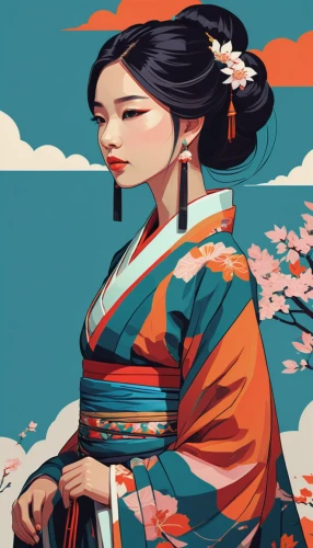 geisha girl,geisha,hanbok,oriental princess,oriental girl,japanese floral background,kimono,mulan,mukimono,plum blossoms,japanese woman,japanese art,oriental,kimono fabric,oriental painting,plum blossom,kimonos,floral japanese,samurai,japanese culture,Illustration,Vector,Vector 06