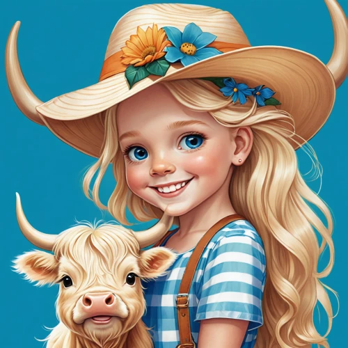countrygirl,heidi country,cowgirl,farm girl,cowgirls,cow boy,straw hat,farm animal,oxen,farm animals,country dress,cow icon,dolly,cowboy plaid,ox,kids illustration,country style,young cattle,taurus,girl wearing hat,Illustration,Abstract Fantasy,Abstract Fantasy 10