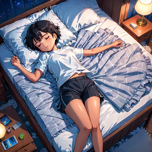 blue pillow,bed,sleeping,sleep,playmat,futon,sleeping rose,2d,good night,yuzu,dreaming,lying down,zzz,cg artwork,sleeping room,resting,asleep,ganai,pajamas,bedding,Anime,Anime,Traditional