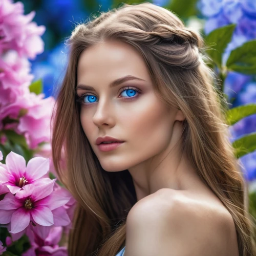 beautiful girl with flowers,girl in flowers,blue flowers,flower background,blue flower,blue petals,floral background,blue hydrangea,splendor of flowers,blue eyes,natural cosmetic,spring background,spring flowers,flowers png,colorful floral,blue rose,springtime background,spring crown,elven flower,delphinium,Photography,General,Realistic