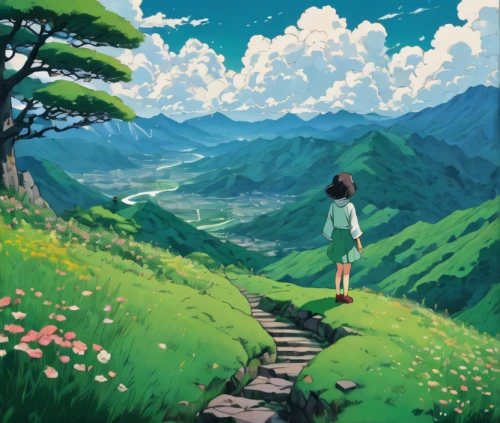 studio ghibli,blooming field,landscape background,springtime background,wander,high landscape,green meadow,mountain world,summer meadow,summer day,dream world,scenery,mountain,mountain meadow,spring background,meadow,idyll,trail,meadow landscape,clover meadow,Illustration,Japanese style,Japanese Style 14