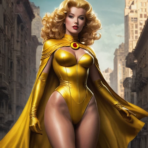 super heroine,kryptarum-the bumble bee,fantasy woman,canary,goddess of justice,latex clothing,golden apple,yellow,sprint woman,golden delicious,aurora yellow,golden yellow,caped,blonde woman,marylyn monroe - female,wonderwoman,latex,stud yellow,yellow-gold,canary bird,Conceptual Art,Fantasy,Fantasy 11