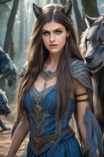 fantasy picture,huntress,fantasy woman,heroic fantasy,wolves,female warrior,fantasy portrait,the enchantress,fantasy art,celtic queen,warrior woman,howling wolf,werewolves,fairy tale character,sorceress,european wolf,mara,wolf,biblical narrative characters,dark elf,Photography,Realistic