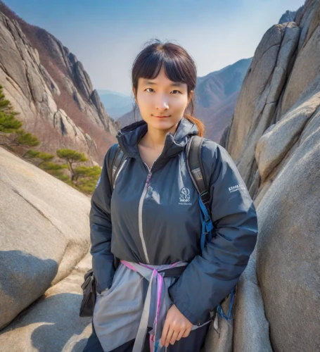 mountain guide,high-altitude mountain tour,changbai mountain,the chubu sangaku national park,huangshan mountains,hiking equipment,5 dragon peak,mountain hiking,dufour peak,huangshan maofeng,huashan,women climber,mountain climber,pekapoo,travel woman,north face,gokyo ri,ijen,free solo climbing,asian woman,Photography,Realistic