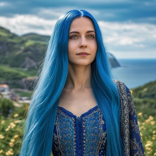 blue enchantress,violet head elf,celtic queen,swath,elven,winterblueher,blue hair,the enchantress,valerian,catarina,celtic woman,the snow queen,fantasy woman,game of thrones,wig,fae,blue sea,elven flower,ice queen,fairy queen,Photography,General,Realistic