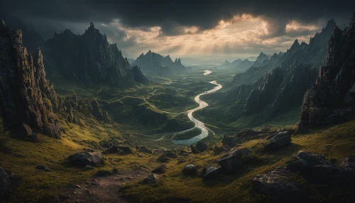 fantasy landscape,fantasy picture,mountainous landscape,karst landscape,virtual landscape,mountain valleys,mountain landscape,valley of death,landscape background,valley of desolation,futuristic landscape,volcanic landscape,landscapes,the valley of the,mountainous landforms,river landscape,high landscape,swampy landscape,canyon,world digital painting,Photography,General,Fantasy