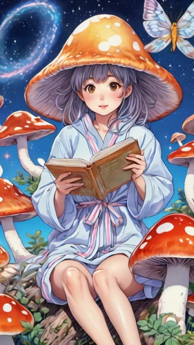 mushroom landscape,mushroom hat,amanita,toadstools,agaric,umbrella mushrooms,parasol,mushroom,mushroom type,blue mushroom,toadstool,fairy galaxy,mushrooms,forest mushroom,club mushroom,mushroom island,starry sky,small mushroom,bookworm,summer umbrella,Illustration,Japanese style,Japanese Style 01