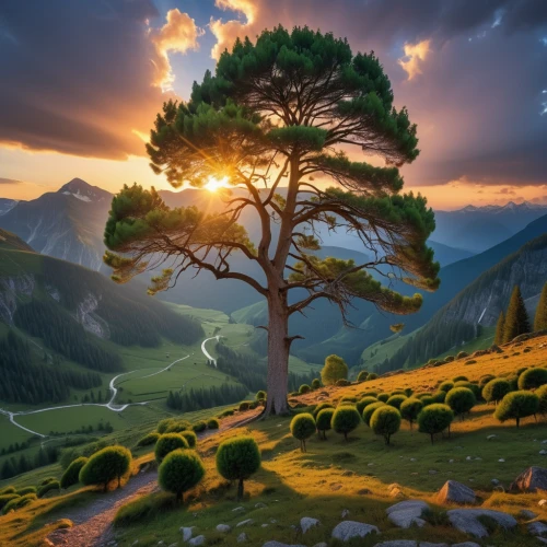 lone tree,isolated tree,pine tree,nature landscape,mountain landscape,larch tree,landscape nature,beautiful landscape,pine-tree,landscape background,carpathians,natural landscape,mountain pasture,celtic tree,landscapes beautiful,larch trees,meadow landscape,larch forests,mountain sunrise,natural scenery,Photography,General,Realistic