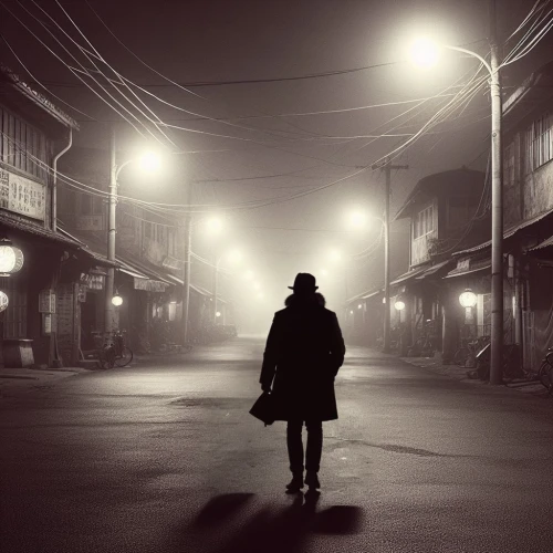 film noir,black city,fog,the fog,foggy,detective,sleepwalker,blind alley,dense fog,ghost town,mysterious,walking man,loneliness,street photography,stranger,nocturnes,night image,high fog,ground fog,mist