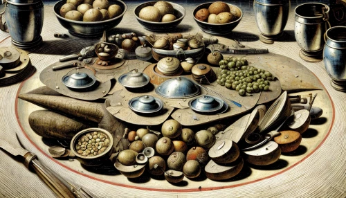 food table,still-life,bowl of chestnuts,leittafel,still life with onions,nuts & seeds,cornucopia,utensils,danish breakfast plate,wood and grapes,still life,platter,eastern european food,traditional food,tableware,allspice,food platter,spices,dali,portuguese galley,Calligraphy,Painting,Antiquarianism