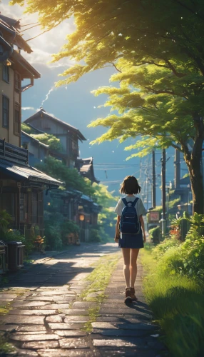 studio ghibli,violet evergarden,darjeeling,girl walking away,kyoto,summer day,stroll,summer evening,japan landscape,wander,tsukemono,walk,idyllic,ginkaku-ji,strolling,meteora,world digital painting,going home,woman walking,japan,Photography,General,Fantasy