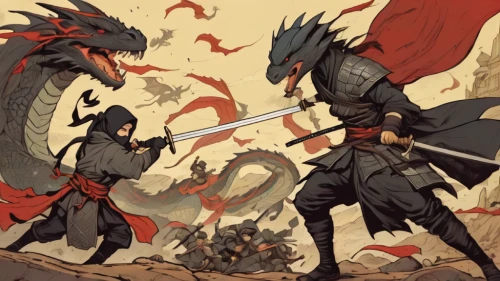 dragon slayer,dragon slayers,dragons,swordsmen,black dragon,sword fighting,dragon li,battle,heroic fantasy,swords,dragon of earth,guards of the canyon,confrontation,samurai fighter,samurai,dragon,swordsman,warrior and orc,samurai sword,game illustration,Illustration,Children,Children 04