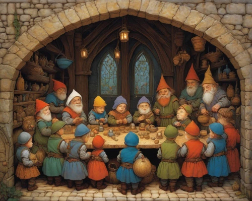 gnomes at table,the pied piper of hamelin,gnomes,scandia gnomes,dwarfs,dwarves,dwarf cookin,children's fairy tale,elves,fairytale characters,villagers,medieval market,gnome ice skating,carol singers,carolers,hanging elves,christmas crib figures,candlemas,marzipan figures,fairy tales,Illustration,Realistic Fantasy,Realistic Fantasy 05