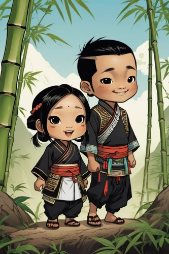 girl and boy outdoor,lilo,arrowroot family,little boy and girl,nomadic children,chibi children,young couple,rice paddies,cute cartoon image,arang,villagers,boy and girl,bamboo,kids illustration,monks,geomungo,mulan,chibi kids,bamboo flute,nori,Illustration,Children,Children 04