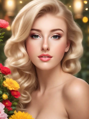blonde girl with christmas gift,romantic portrait,christmas woman,blonde woman,beautiful girl with flowers,christmas pin up girl,yellow rose background,flower of christmas,romantic look,pin up christmas girl,girl in flowers,natural cosmetic,flower background,blonde girl,blond girl,portrait background,female beauty,marylyn monroe - female,christmas flower,girl in a wreath,Photography,Commercial