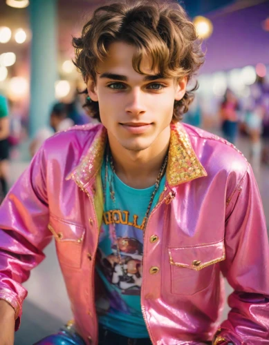 80s,man in pink,1980's,1980s,vintage boy,eighties,candy boy,the style of the 80-ies,rivers,fetus,george russell,george,ryan navion,pink background,edit icon,pink leather,cancer icon,young model,austin stirling,jack rose,Photography,Realistic