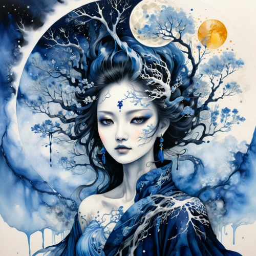 blue moon rose,moonflower,blue enchantress,blue moon,zodiac sign libra,moon phase,the zodiac sign pisces,zodiac sign gemini,horoscope libra,the snow queen,celestial body,celestial bodies,priestess,gaia,fantasy art,mystical portrait of a girl,moonbeam,japanese art,queen of the night,oriental princess,Illustration,Japanese style,Japanese Style 18