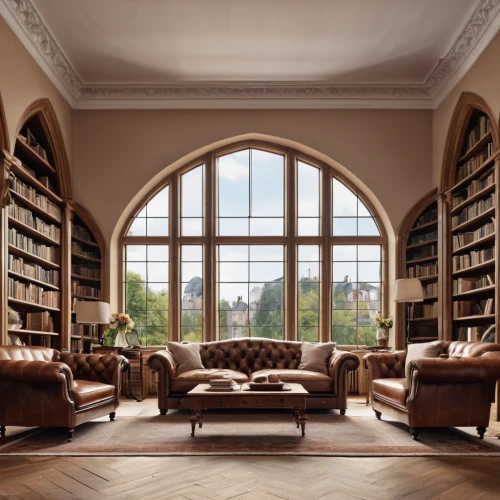 reading room,bookshelves,book wall,bookcase,wooden windows,great room,sitting room,livingroom,living room,danish room,bay window,study room,bookshelf,vaulted ceiling,old library,big window,family room,celsus library,dandelion hall,luxury home interior,Photography,General,Realistic